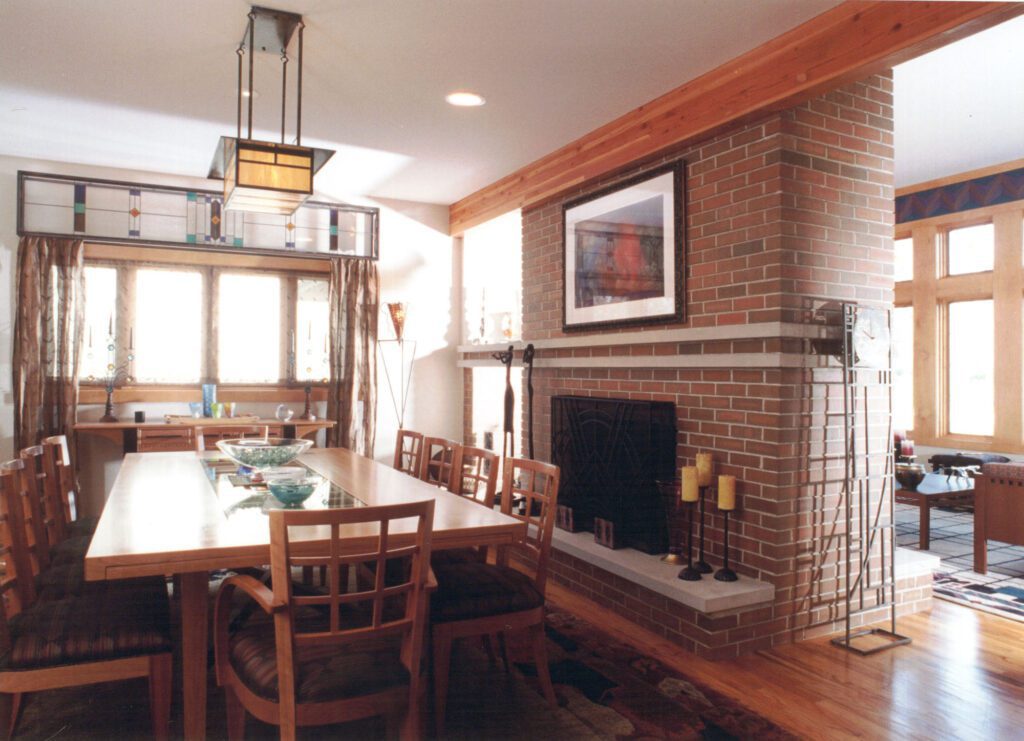 Rustic dining area and fireplace