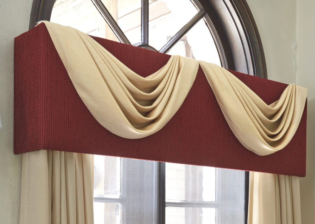 A beige and red curtains