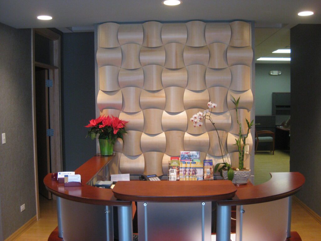 The lobby counter with flower vases