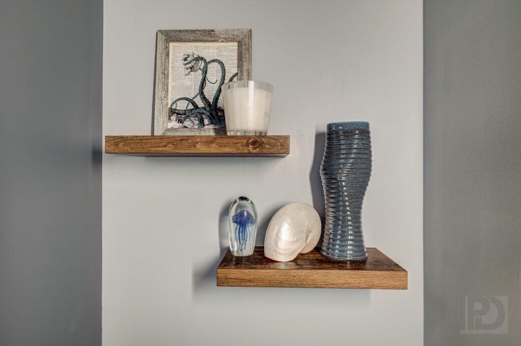 Two shelves with home decorations